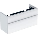 Mueble bajo Geberit Smyle Square para lavabo de dos senos, con dos cajones. Cuerpo y frontal: blanco/cubierto de alto brillo